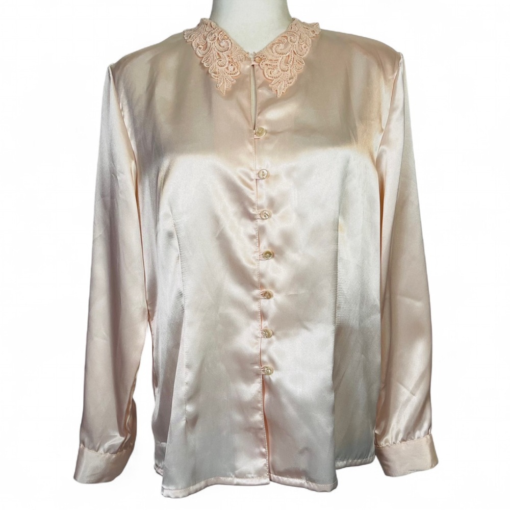 Vintage 80s 90s Impressions Size 12 Pale Pink Button Down Blouse Lace Collar